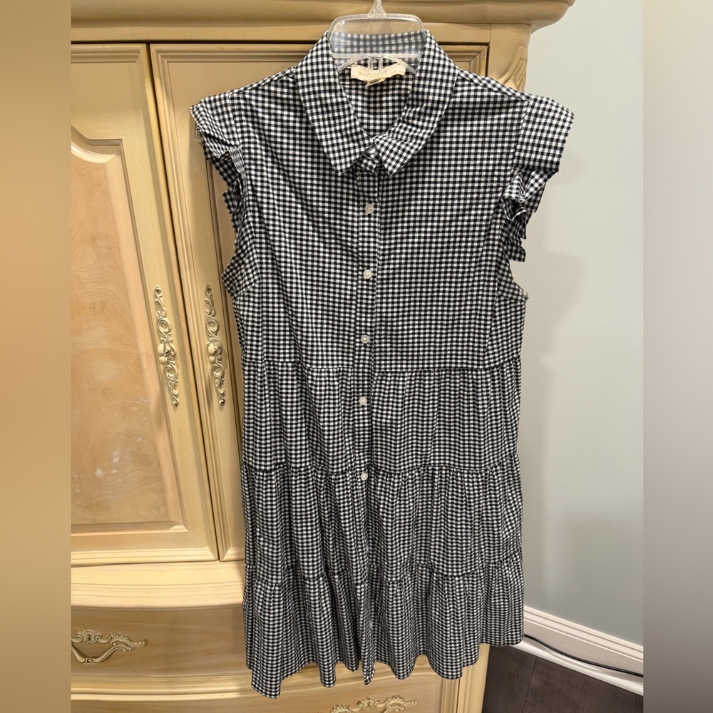 Monteau Black and White Gingham Tiered Button-Front Midi Dress